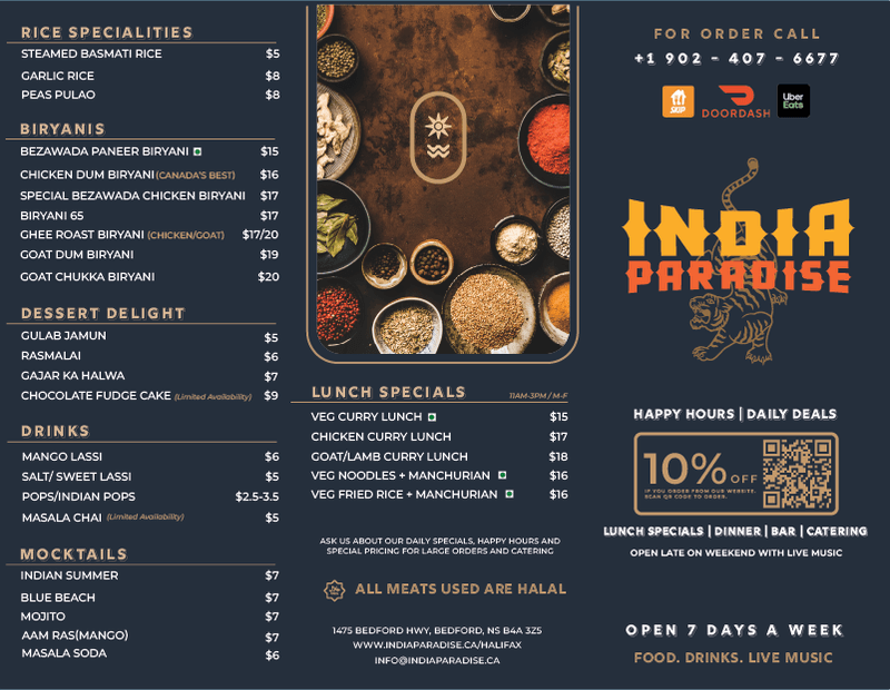 Food Menu India Paradise Halifax Relaxed & Modern Indian